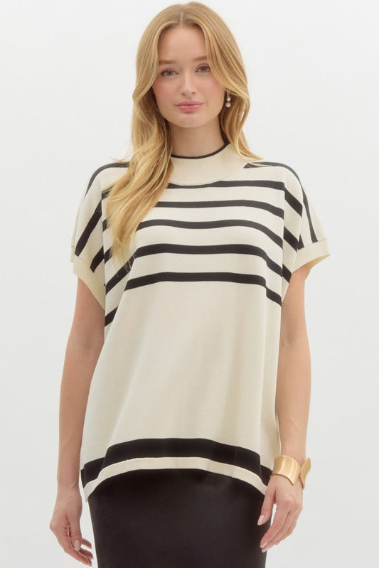 Ecru Striped Oversized Mock Neck Sweater - FINAL SALE