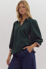 Embossed ¾ Puff Sleeve Henley Top