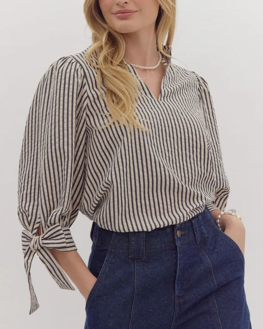 Stripe Top with Bow Detail in Dark Navy