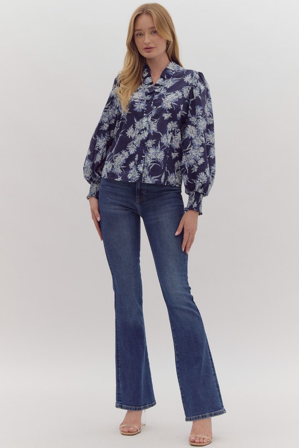 Navy Floral Fancy Collar Top