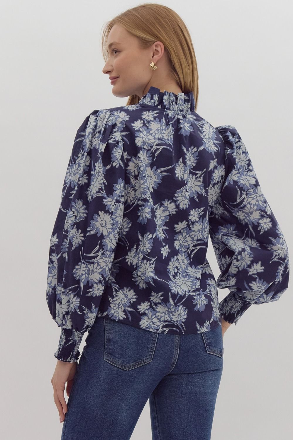 Navy Floral Fancy Collar Top