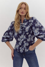 Navy Floral Fancy Collar Top