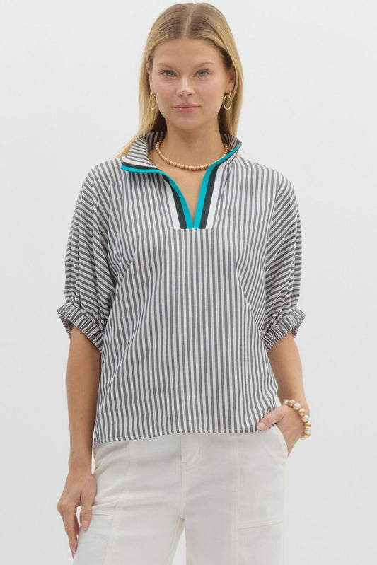 Striped High Collar Dolman Sleeve Top