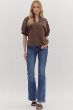 Brown Puff Sleeve Standing Collar Blouse