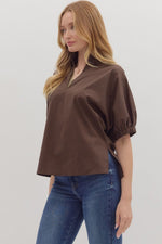 Brown Puff Sleeve Standing Collar Blouse