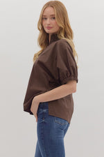 Brown Puff Sleeve Standing Collar Blouse