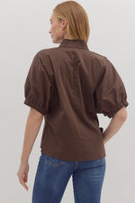Brown Puff Sleeve Standing Collar Blouse