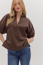 Brown Puff Sleeve Standing Collar Blouse