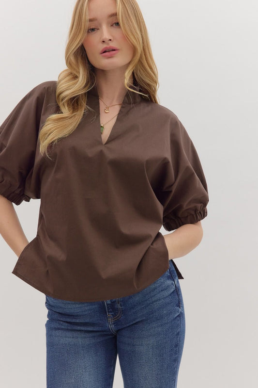 Brown Puff Sleeve Standing Collar Blouse