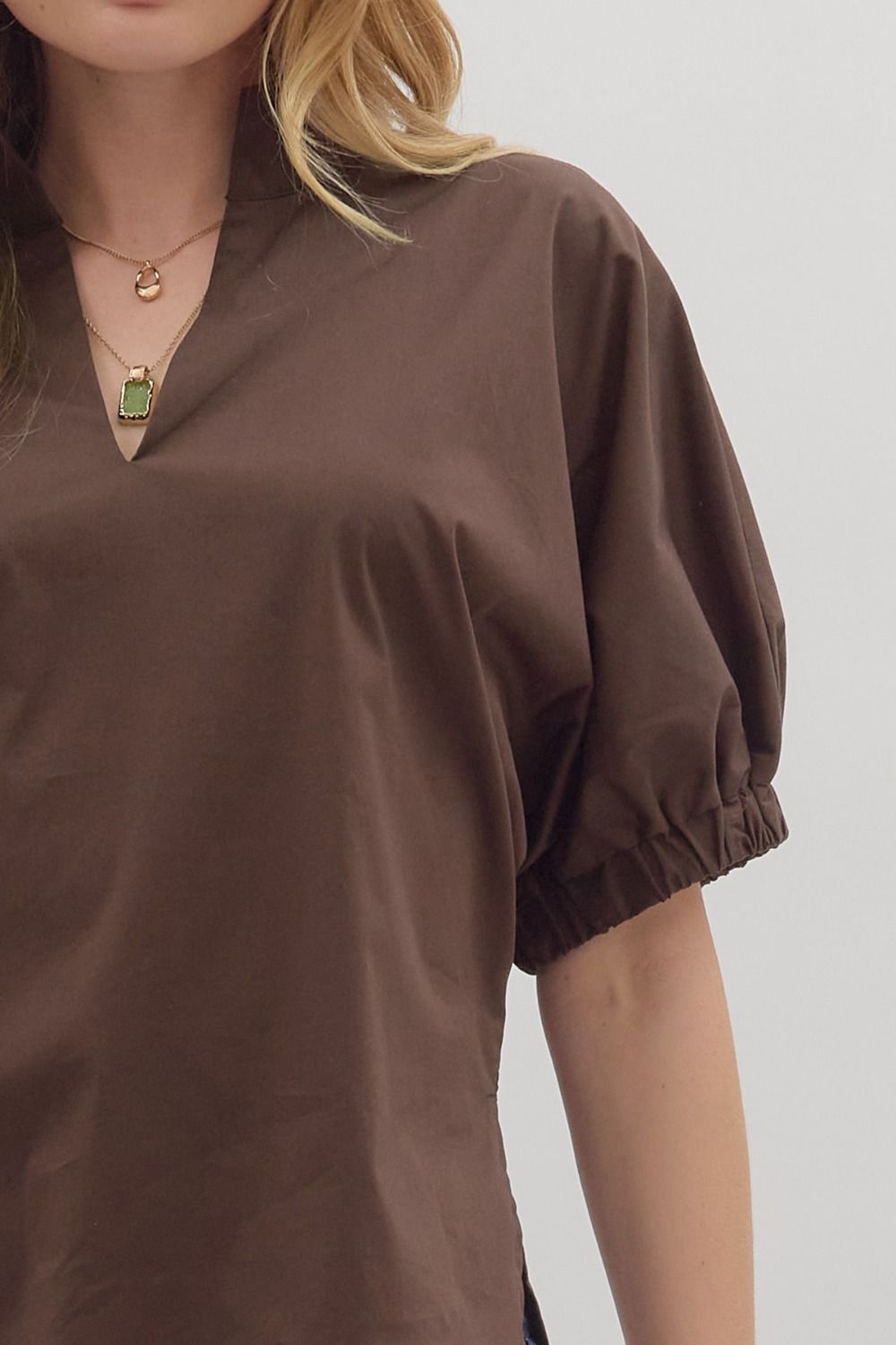 Brown Puff Sleeve Standing Collar Blouse