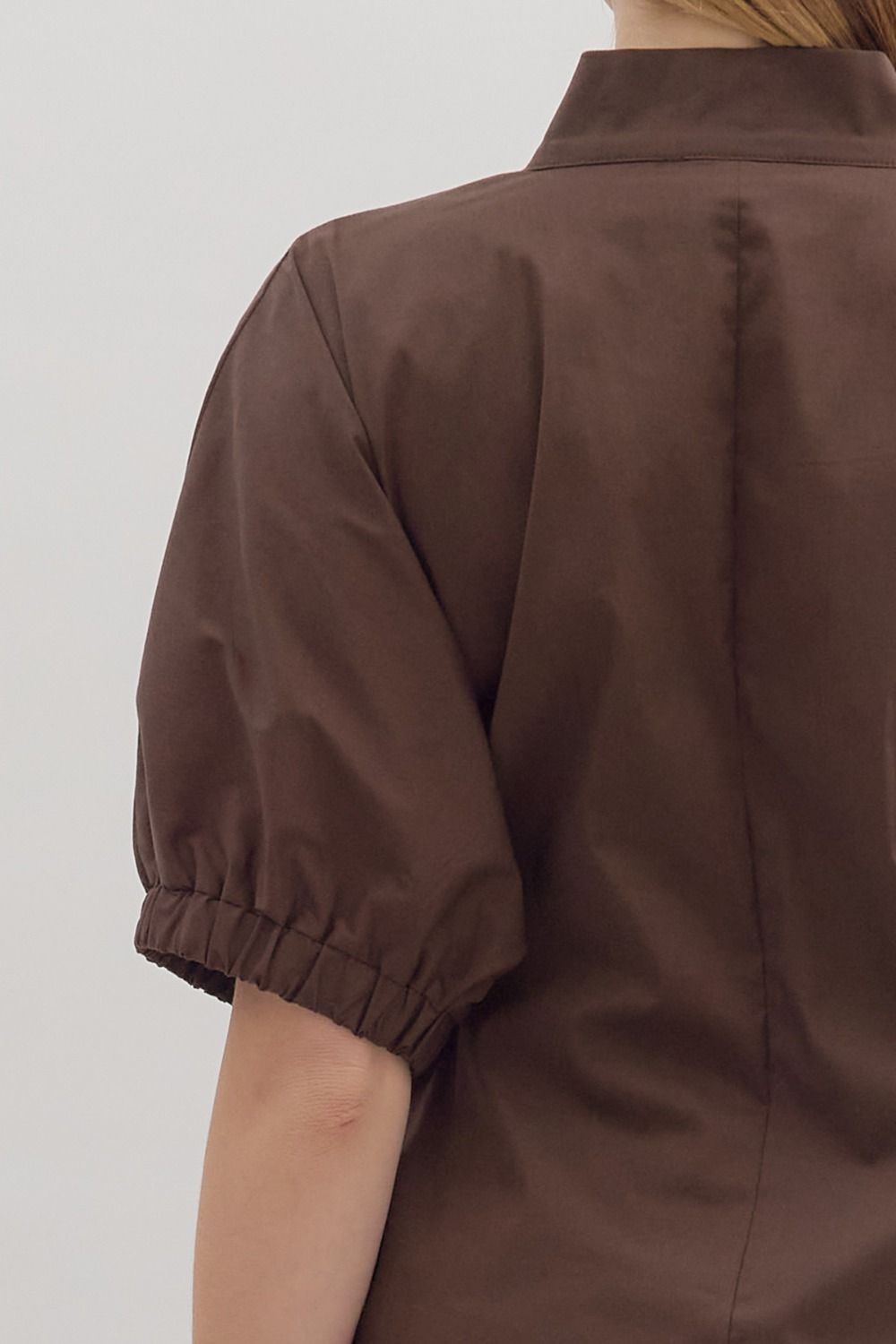 Brown Puff Sleeve Standing Collar Blouse
