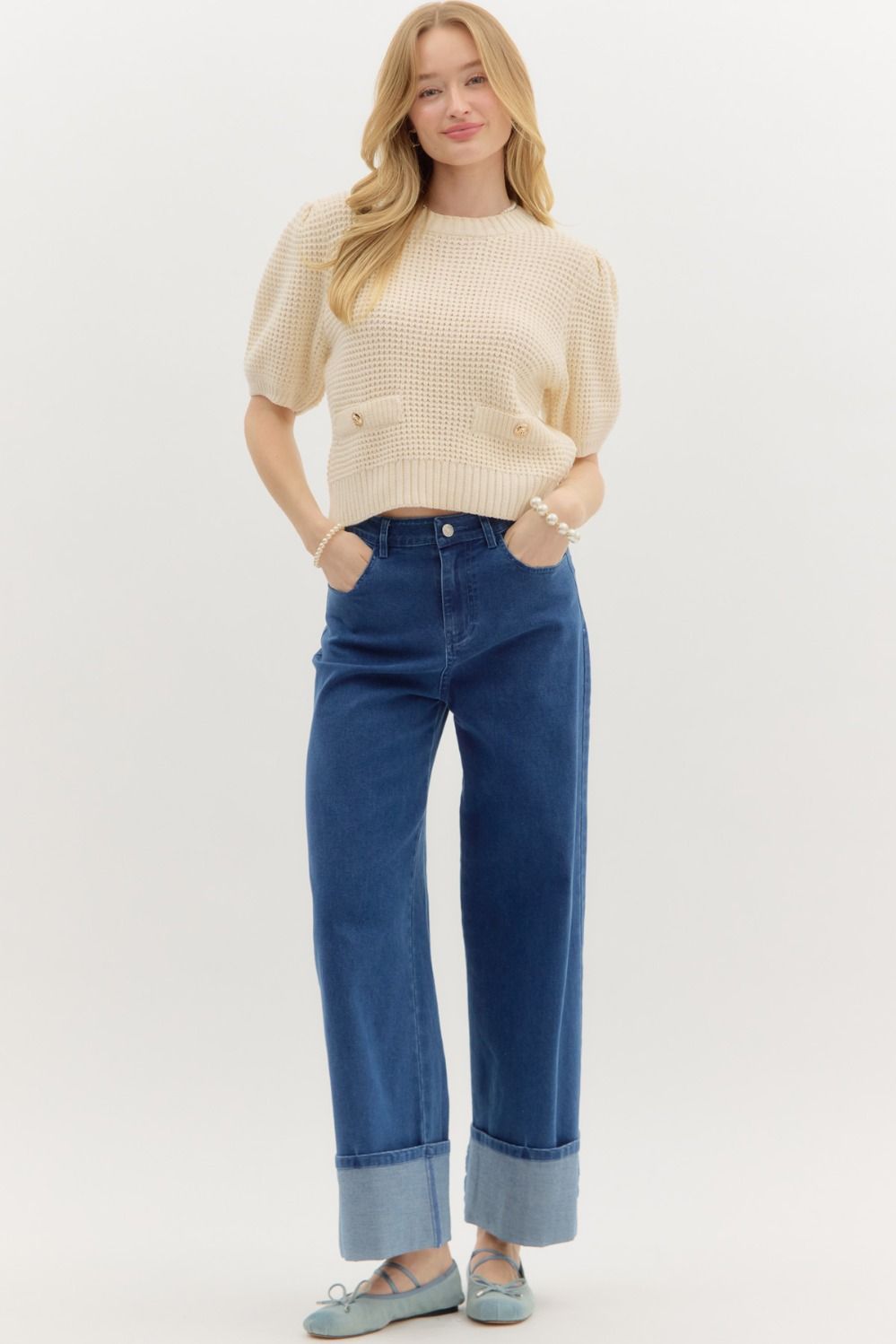 Cream Waffle Knit Puff Sleeve Sweater
