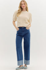 Cream Waffle Knit Puff Sleeve Sweater