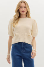 Cream Waffle Knit Puff Sleeve Sweater