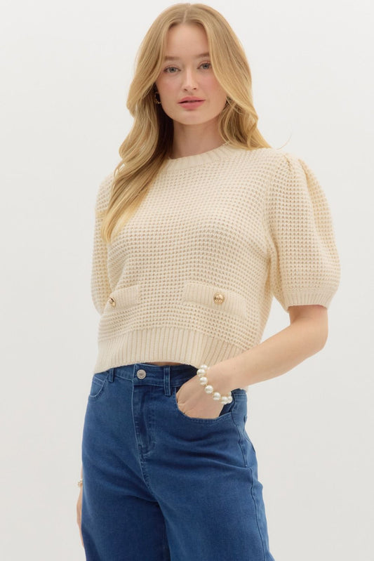 Cream Waffle Knit Puff Sleeve Sweater