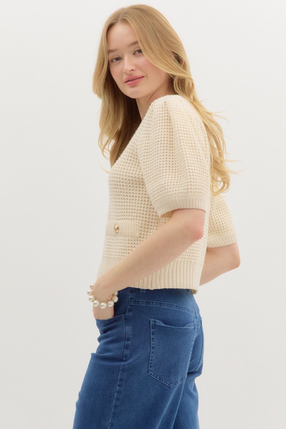 Cream Waffle Knit Puff Sleeve Sweater