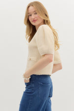 Cream Waffle Knit Puff Sleeve Sweater