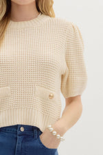 Cream Waffle Knit Puff Sleeve Sweater