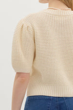 Cream Waffle Knit Puff Sleeve Sweater