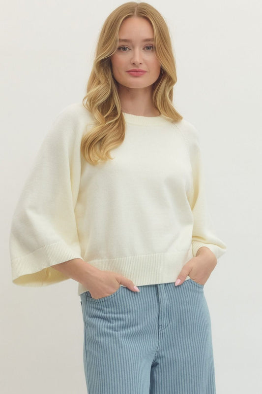 3/4 Sleeve Ribbed Neckline Sweater - Cream