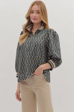 Midnight 3/4 Sleeve Half Zip Floral Top