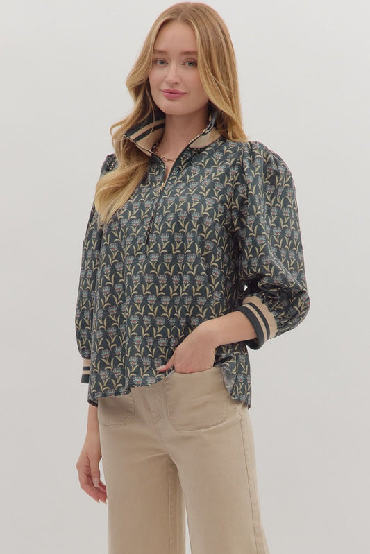 Midnight 3/4 Sleeve Half Zip Floral Top