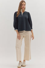 Puff Sleeve Contrast Ruffle Collar Blouse - Black