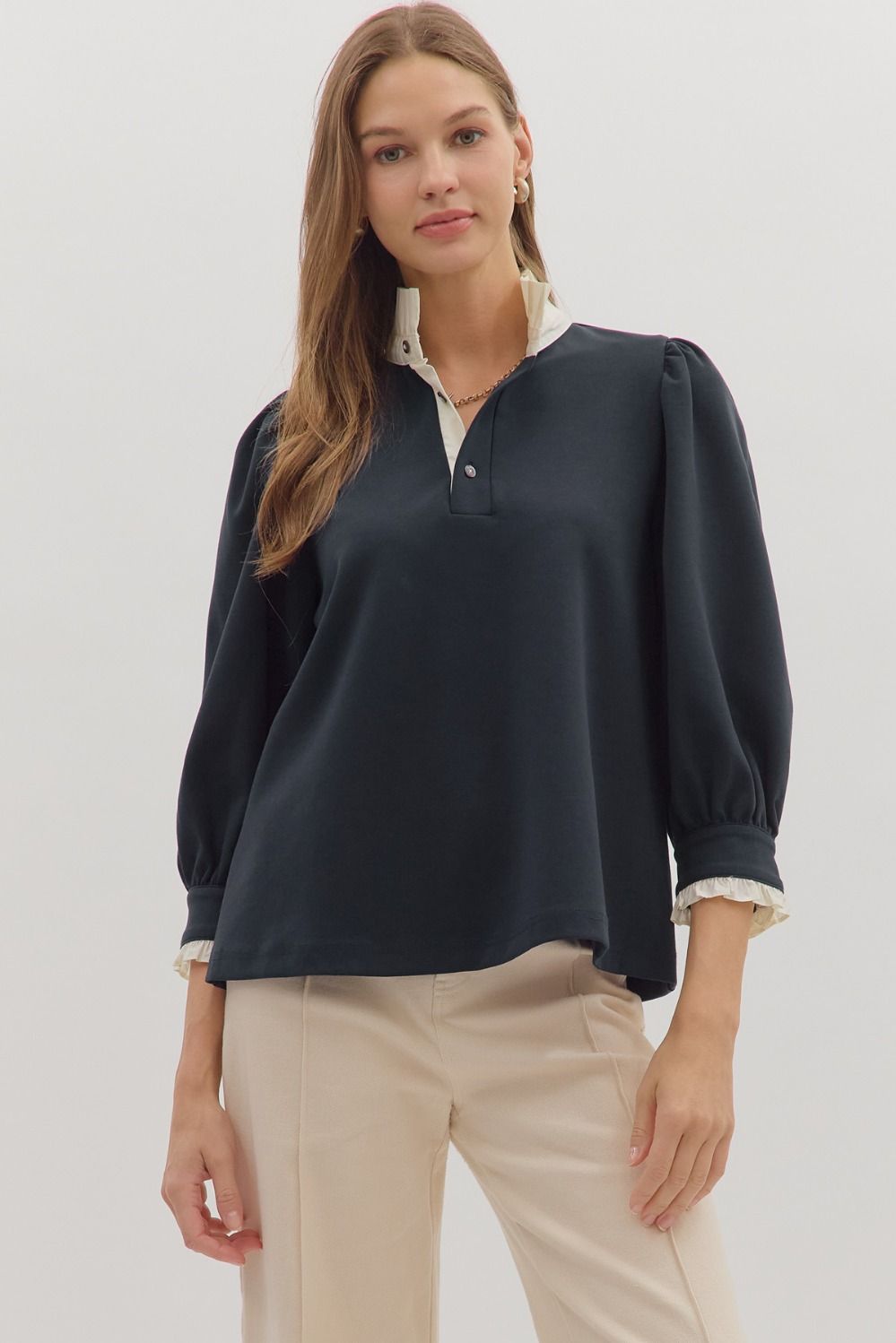 Puff Sleeve Contrast Ruffle Collar Blouse - Black