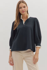 Puff Sleeve Contrast Ruffle Collar Blouse - Black