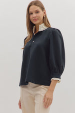 Puff Sleeve Contrast Ruffle Collar Blouse - Black