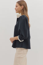 Puff Sleeve Contrast Ruffle Collar Blouse - Black
