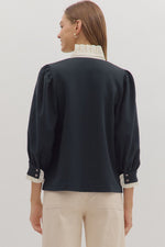 Puff Sleeve Contrast Ruffle Collar Blouse - Black
