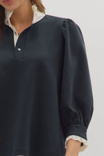Puff Sleeve Contrast Ruffle Collar Blouse - Black
