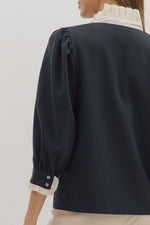 Puff Sleeve Contrast Ruffle Collar Blouse - Black