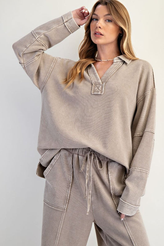 Textured Thermal Washed Pullover - Light Mocha