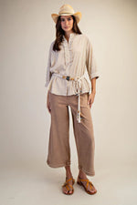 Washed Crinkle Striped Button Down Top - Latte