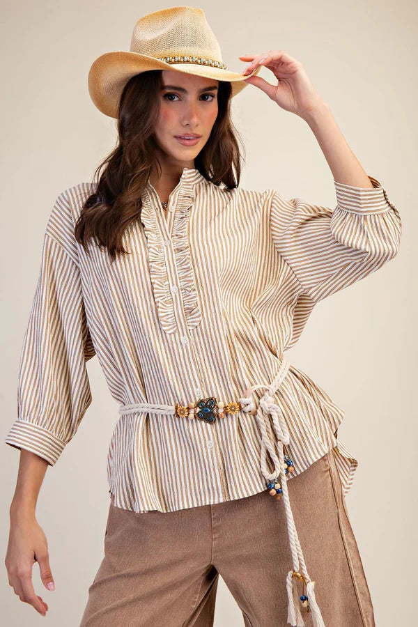 Washed Crinkle Striped Button Down Top - Latte