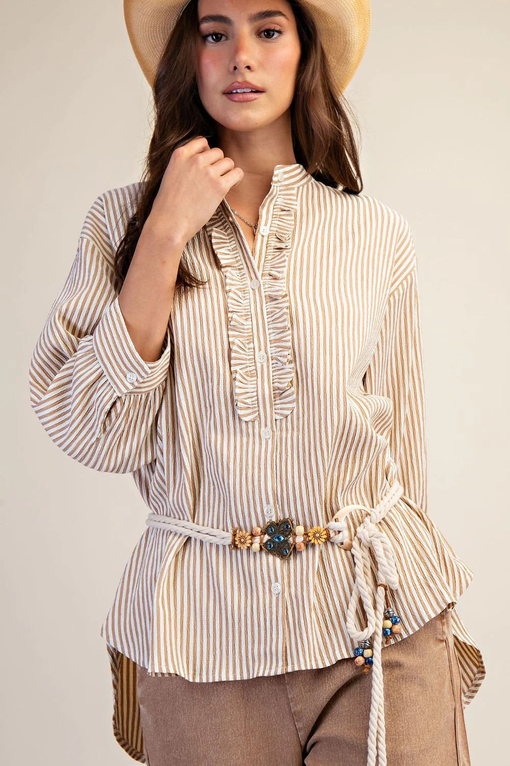 Washed Crinkle Striped Button Down Top - Latte