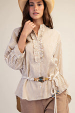Washed Crinkle Striped Button Down Top - Latte