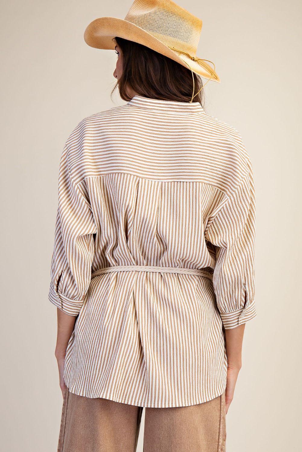Washed Crinkle Striped Button Down Top - Latte