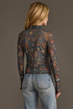 Gray, Orange & Blue Floral Mesh Top