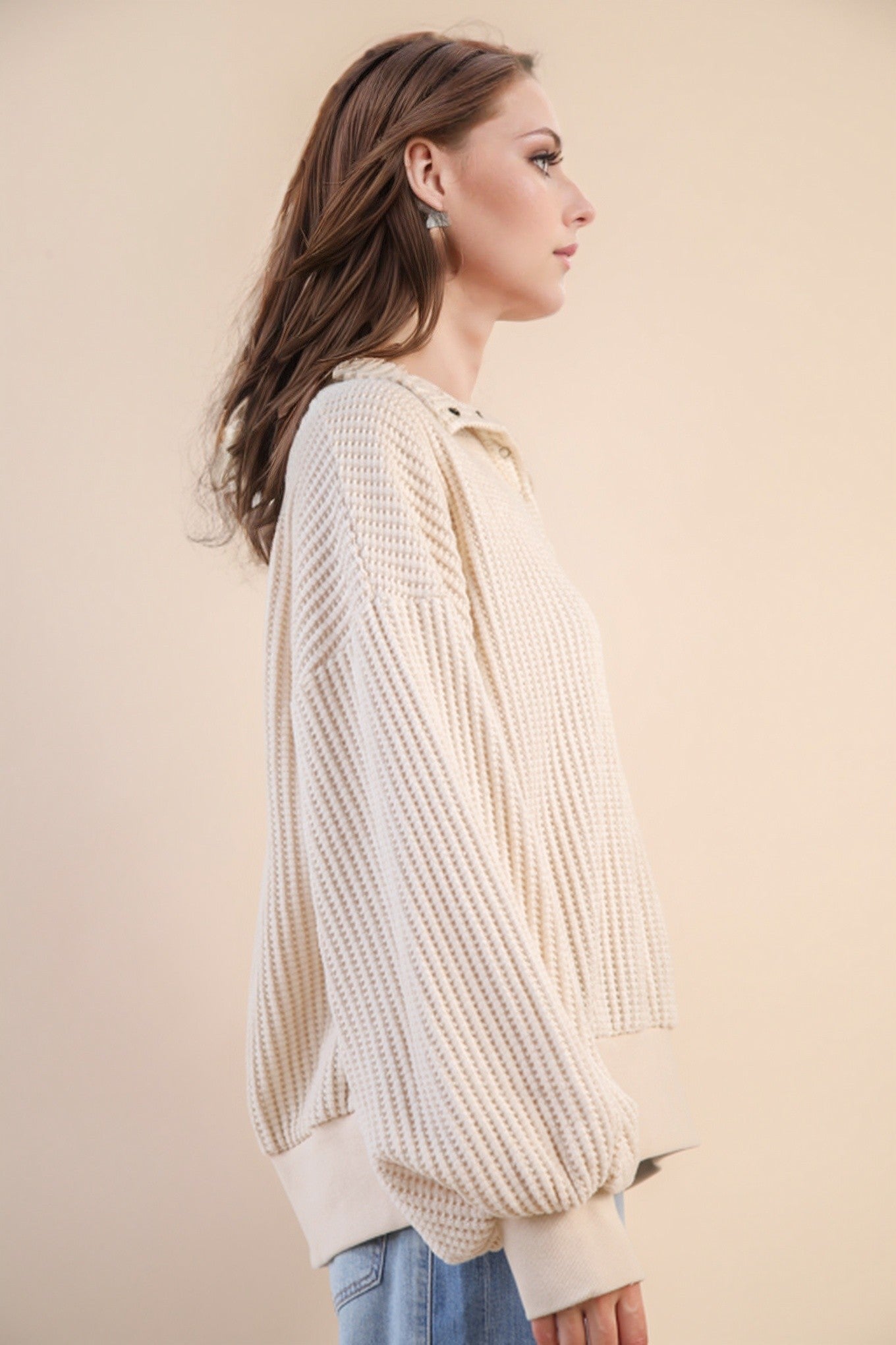 Oversized Half Button Down Waffle Knit Top - Cream