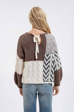 Colorblock Chevron Cable Knit Sweater: Brown Multi