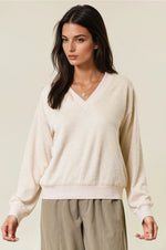 Oversized Vertical Stripe Two-Tone Ribbed Top - Light Beige