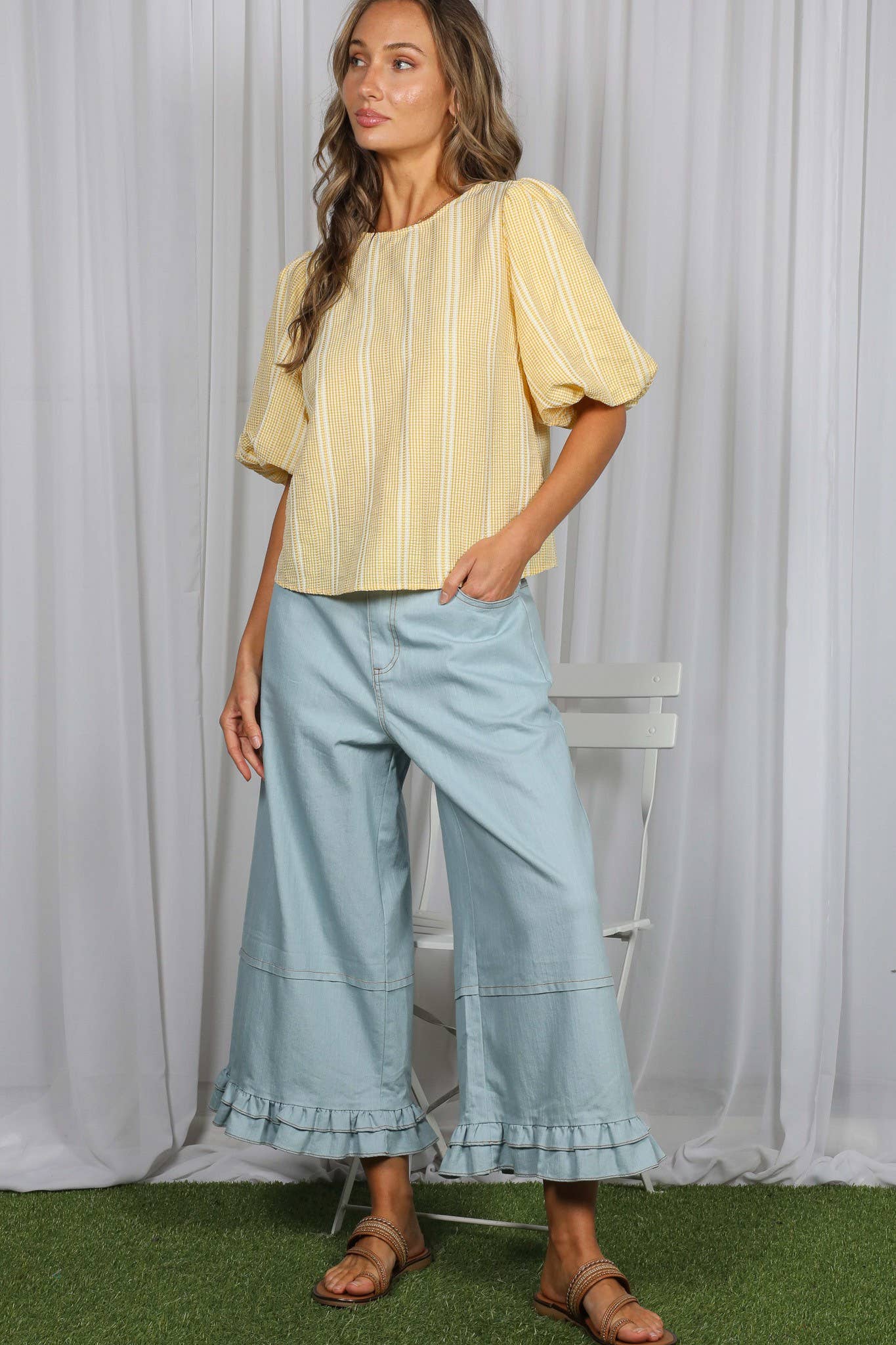 V-Back 2 Bow Accent Feminine Plaid Blouse Top - Yellow