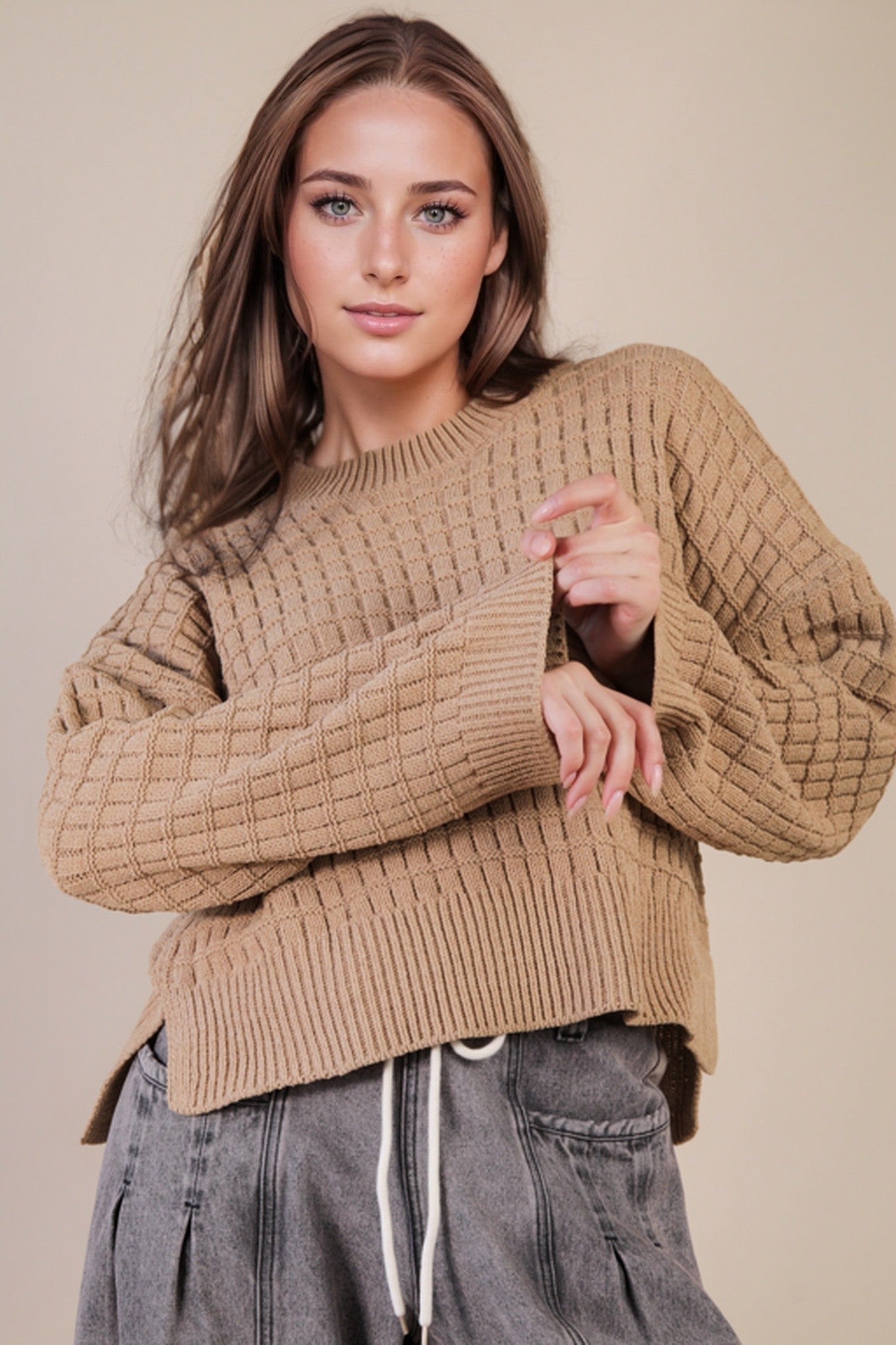 Oversized Textured Knit Sweater - Mocha