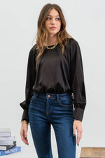 Long Buttoned Bishop Sleeve Top: Black