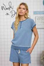 Stripe Short Sleeve Henley Knit Top - Denim