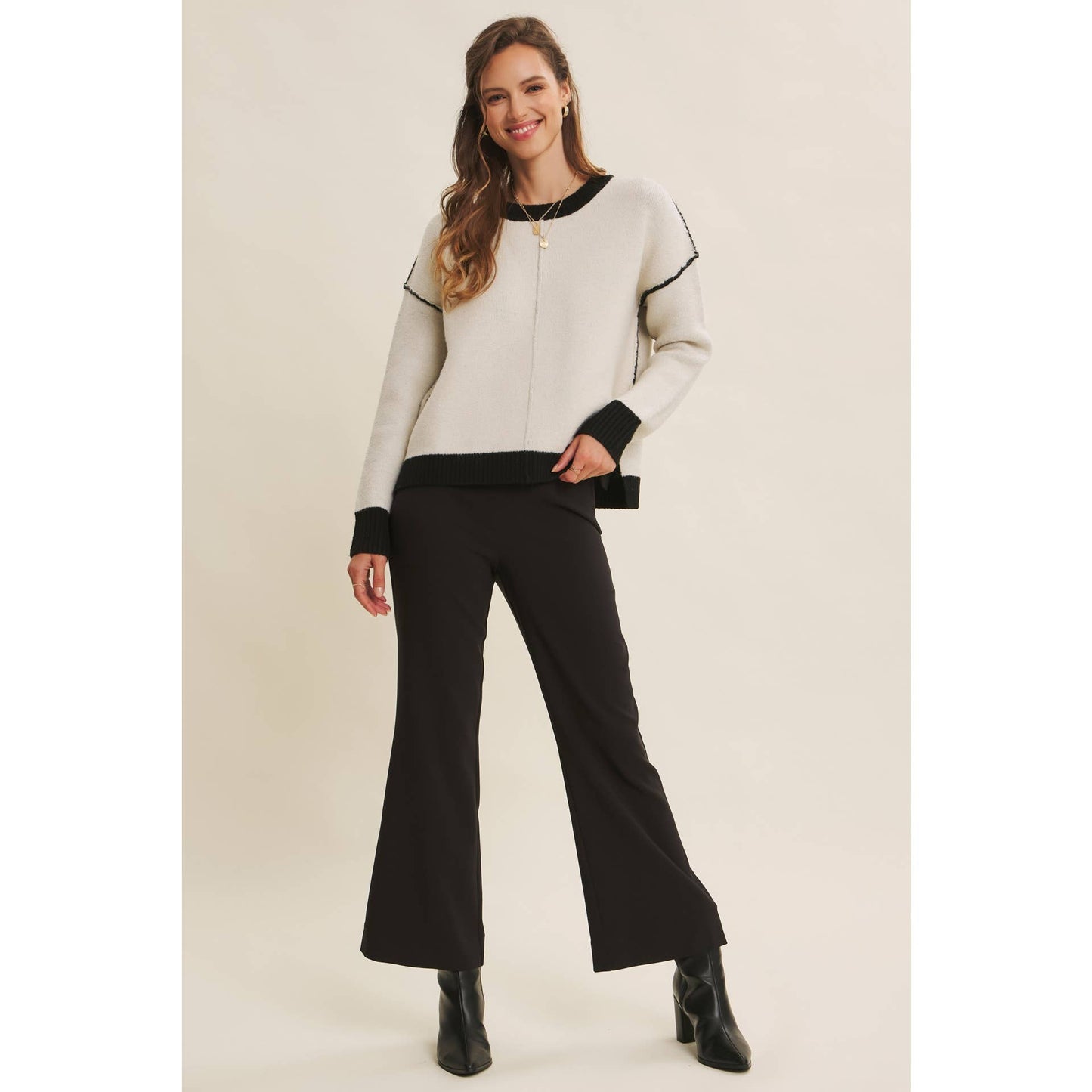 Soft Round Neck and Contrast Detail Sweater - Cream/Black