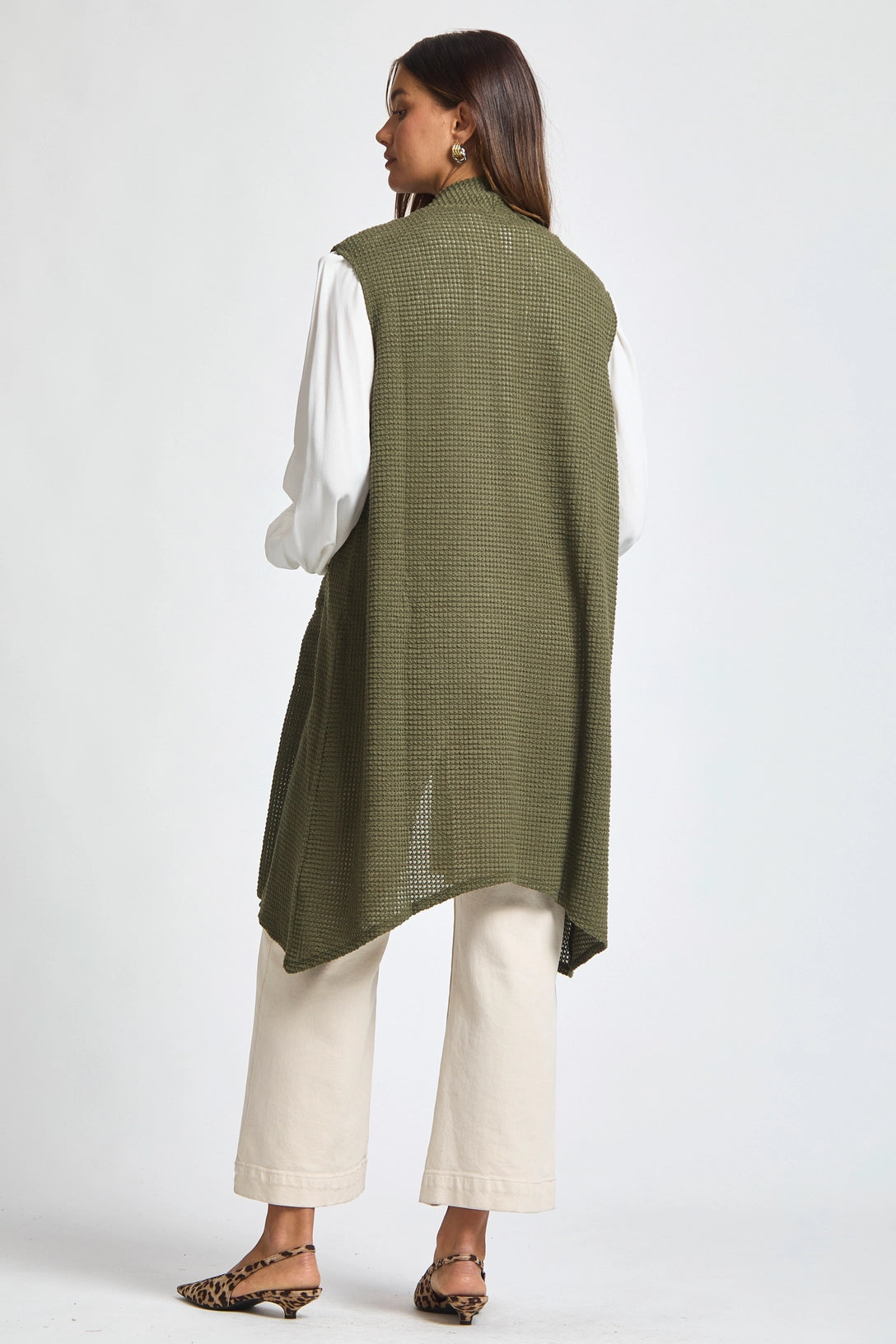 Sleeveless Crochet Midi Vest Cardigan - Dark Olive